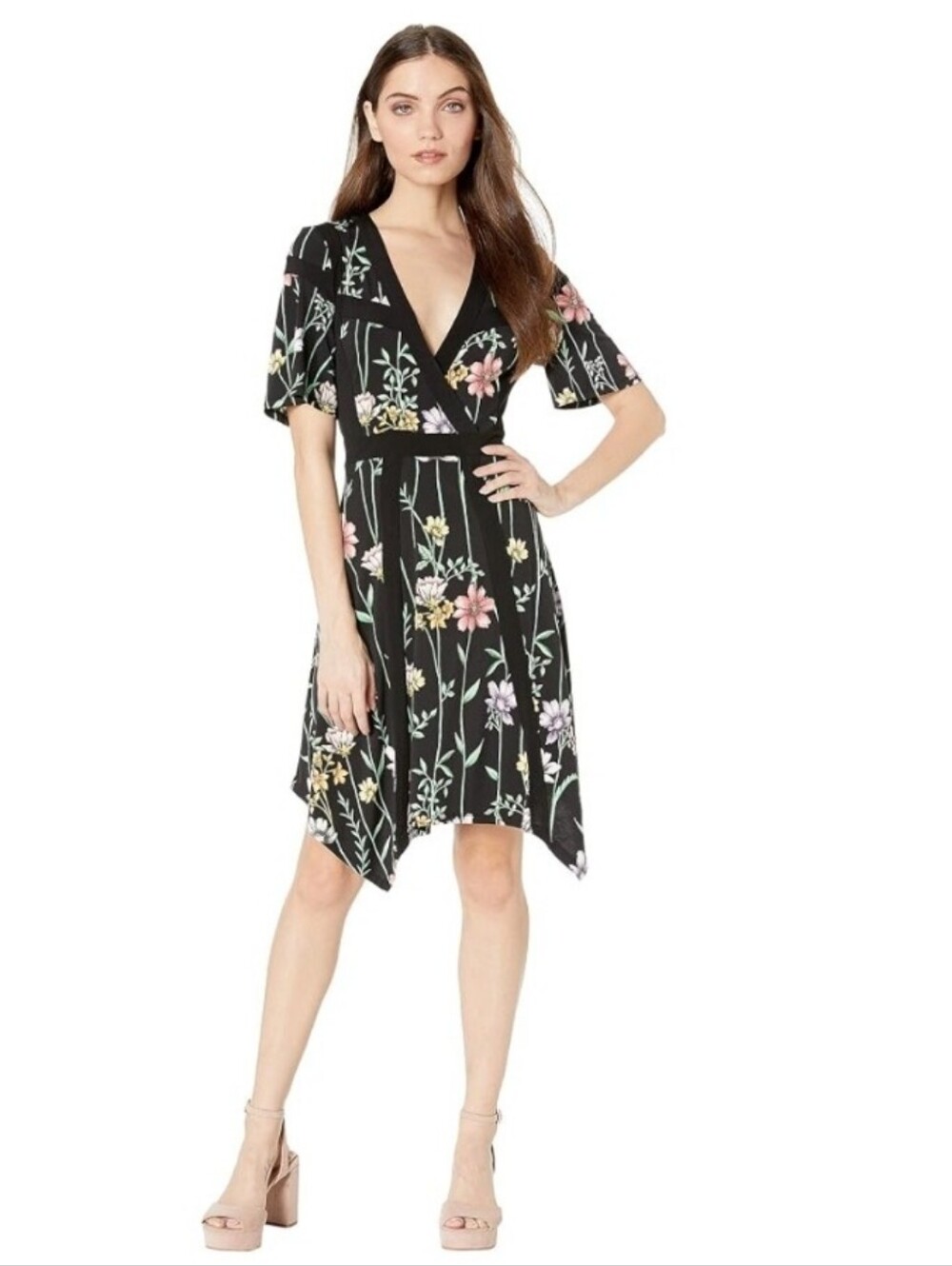 BCBGMaxazria Short Sleeve Wrap V-Neck Dress Black Green Pink Floral Stertch Sz M